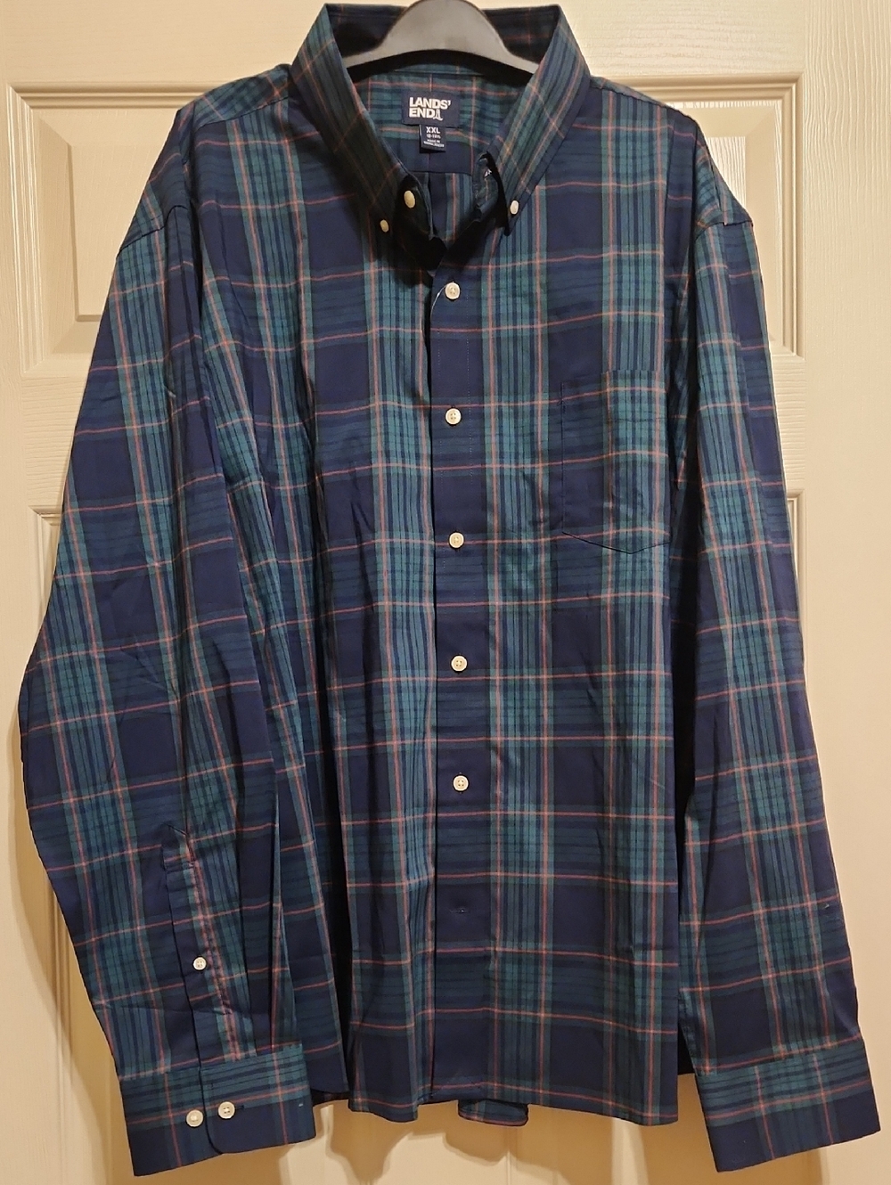 NWT Lands' End Navy & Green Plaid Long-Sleeve Button-Down Shirt, XXL (18-18.5)